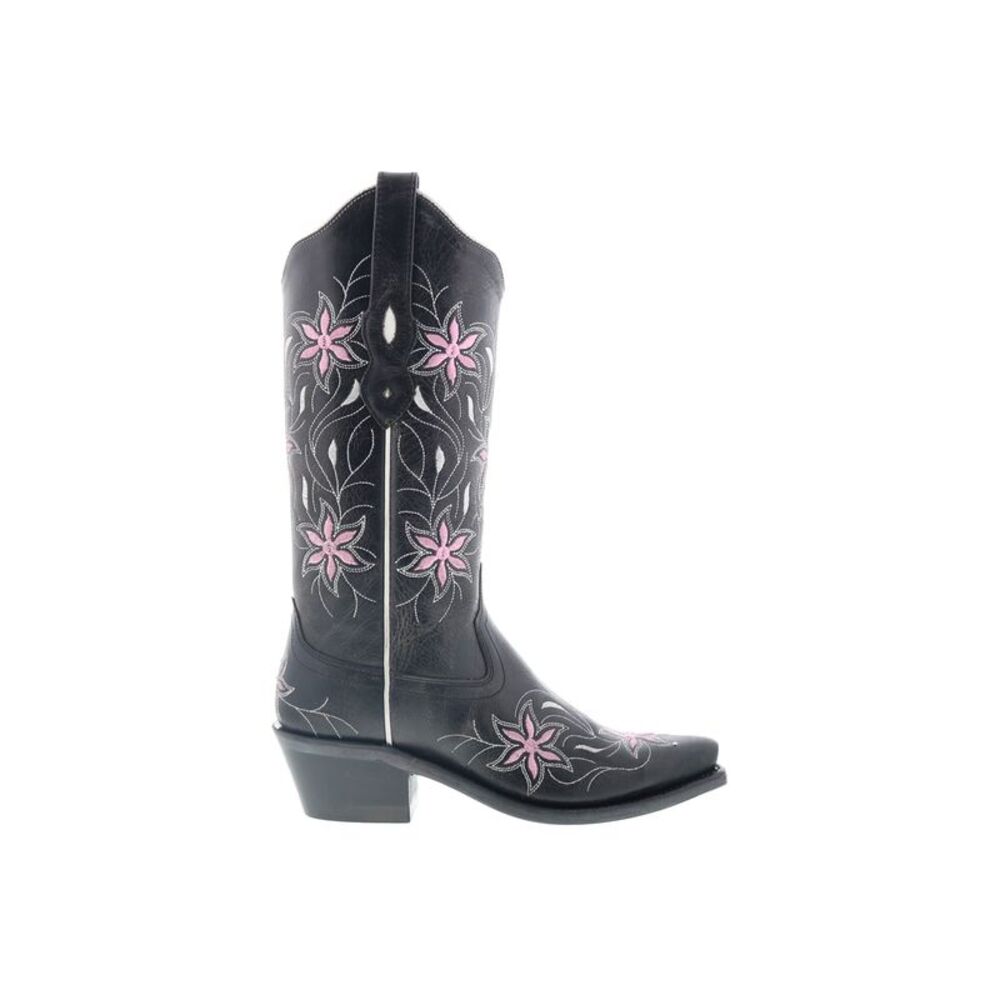 Black Embroidered Floral Western Ankle Boot - Women
